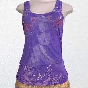 Y2K Bling Jersey Knit Cristinaeffe Italy Artsy Angel Devil Print Tunic Purple M